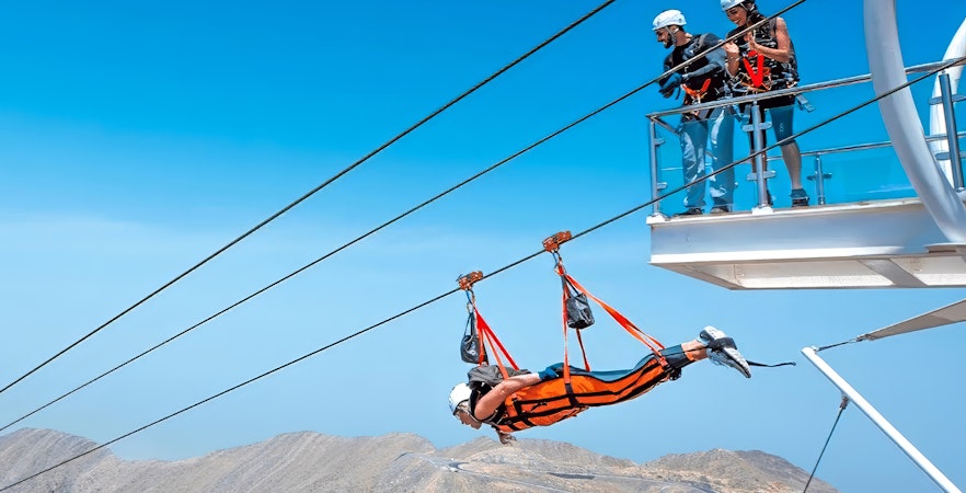 People watching a person experiencing the Jais Flight in the Jebel Jais mountains