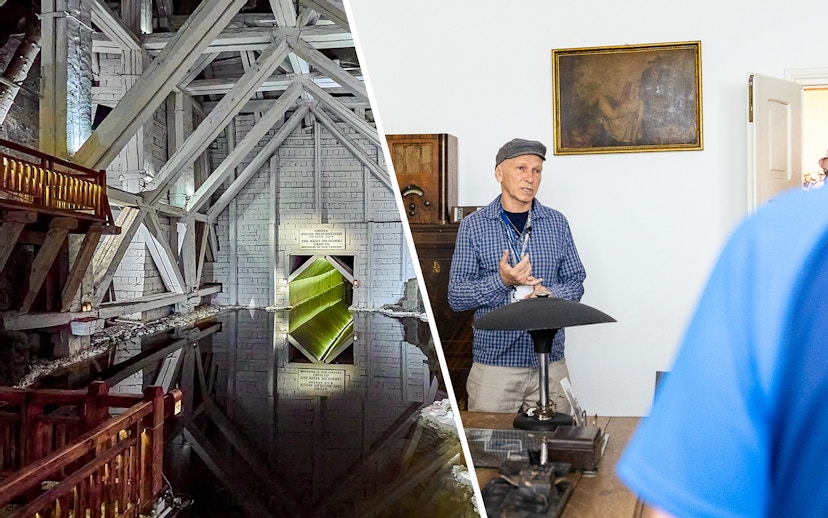 Guided tour at Oskar Schindler's Factory, Krakow, featuring historical exhibits and architecture.