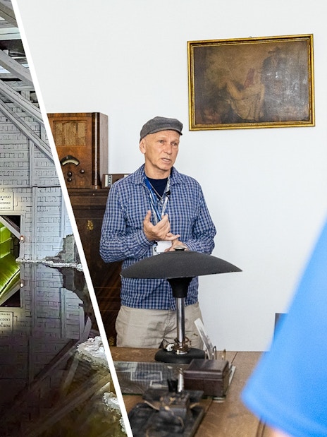 Guided tour at Oskar Schindler's Factory, Krakow, featuring historical exhibits and architecture.