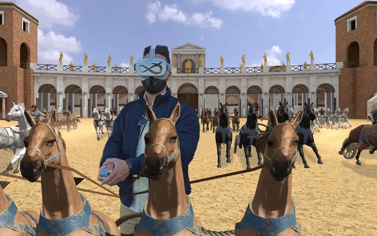 Virtual reality chariot race at Circus Maximus in Rome with headset user.