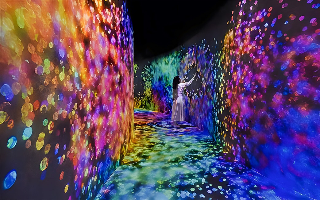 Interactive digital art installation at TeamLab Phenomena Abu Dhabi with colorful light projections.
