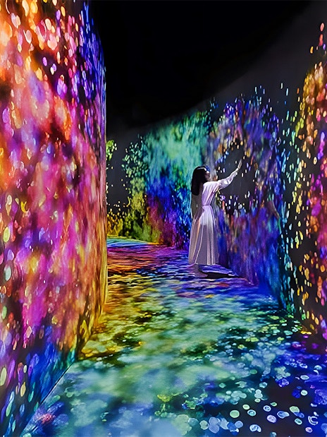 Interactive digital art installation at TeamLab Phenomena Abu Dhabi with colorful light projections.