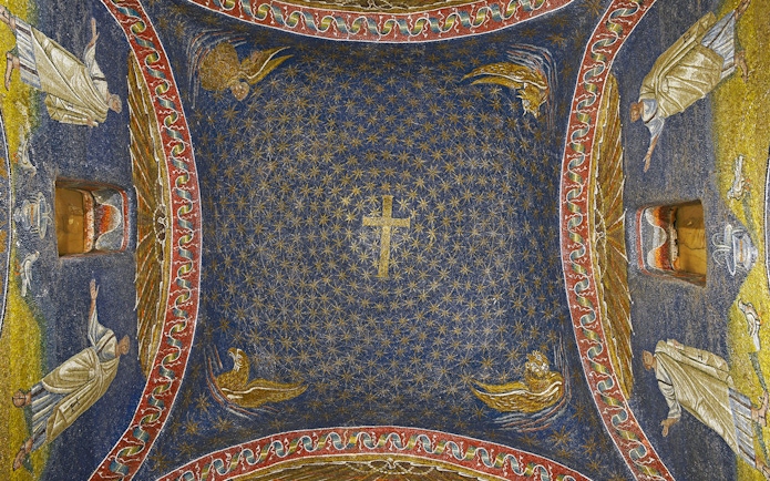 Ravenna ceiling mosaic with cross and figures, part of Mosaics Pass 5 Monuments tour.