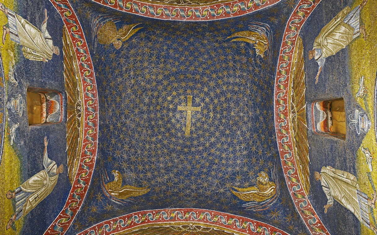 Ravenna ceiling mosaic with cross and figures, part of Mosaics Pass 5 Monuments tour.