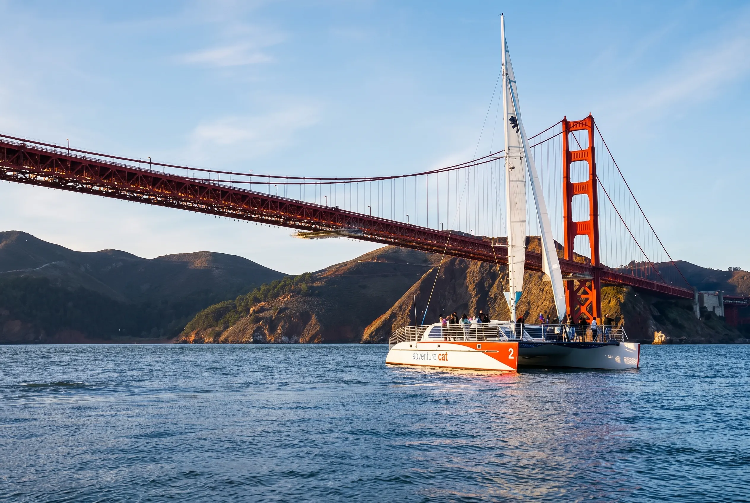 Sailboat cruising under Golden Gate Bridge in San Francisco Bay.