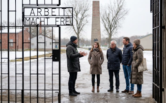 Tour group at Sachsenhausen Concentration Camp gate with clock tower in background.