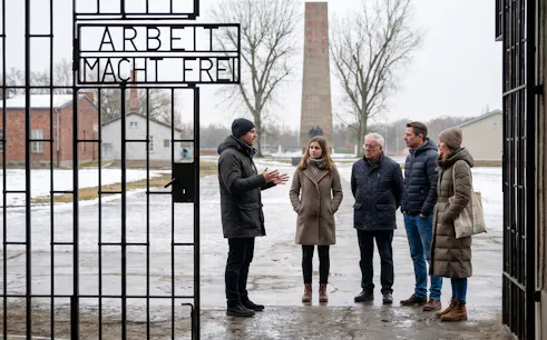 Tour group at Sachsenhausen Concentration Camp gate with clock tower in background.