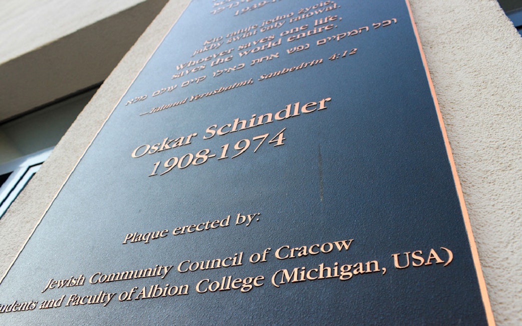 Plaque honoring Oskar Schindler at Schindler's Factory in Krakow.