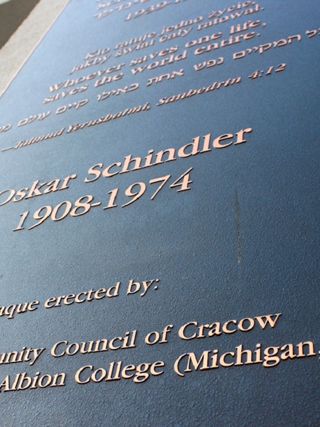 Plaque honoring Oskar Schindler at Schindler's Factory in Krakow.