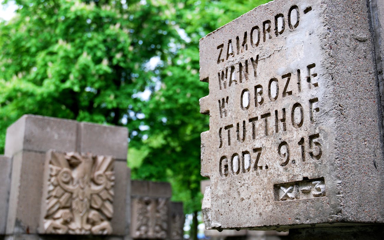 Memorial stone with inscription at Stutthof Nazi Concentration Camp, Poland.