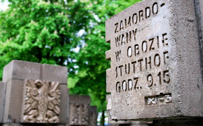 Memorial stone with inscription at Stutthof Nazi Concentration Camp, Poland.