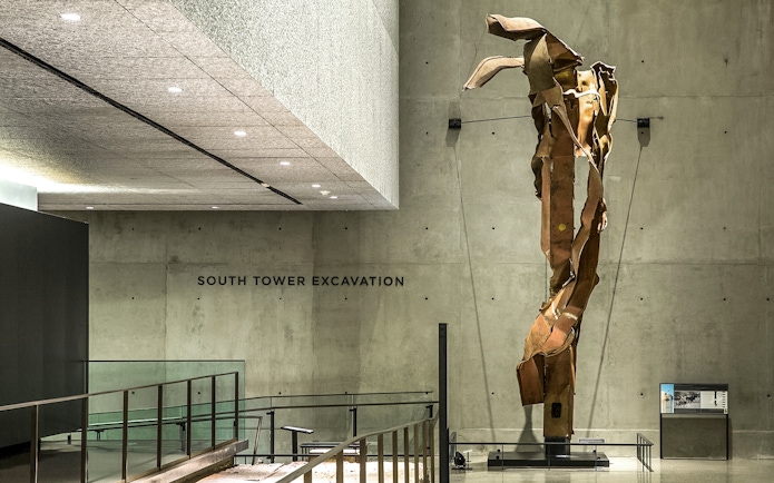 South Tower Excavation exhibit at a museum with twisted steel beam.