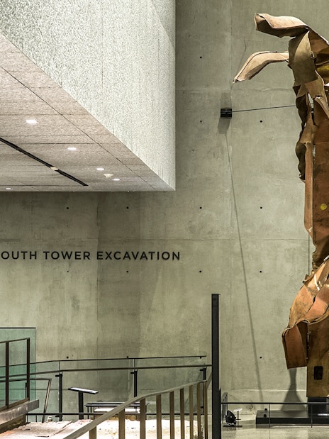 South Tower Excavation exhibit at a museum with twisted steel beam.