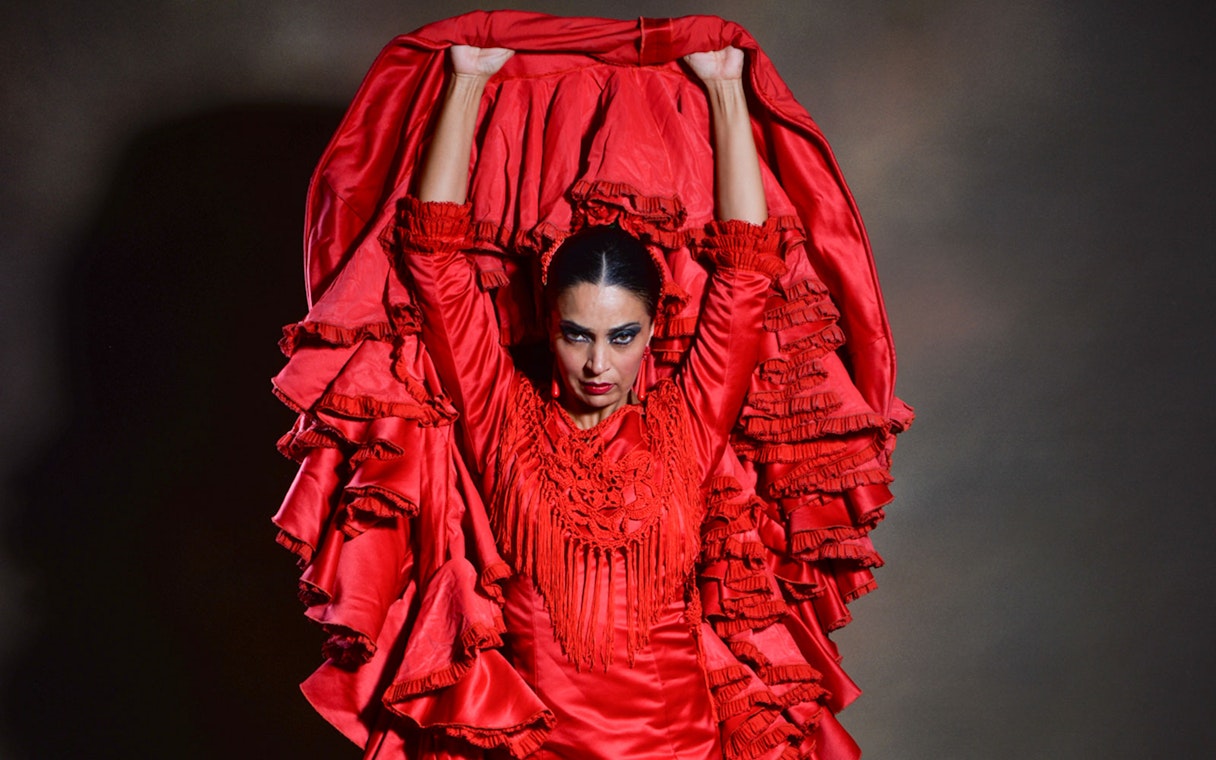 Flamenco dancer in red dress performing at Teatro Flamenco Barcelona.