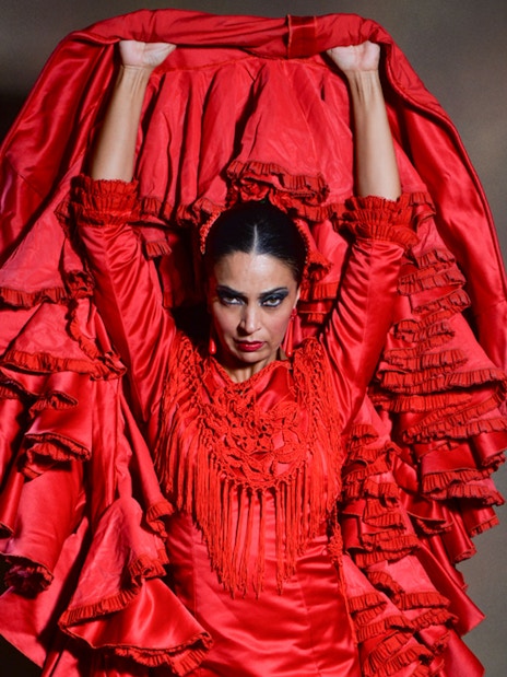 Flamenco dancer in red dress performing at Teatro Flamenco Barcelona.