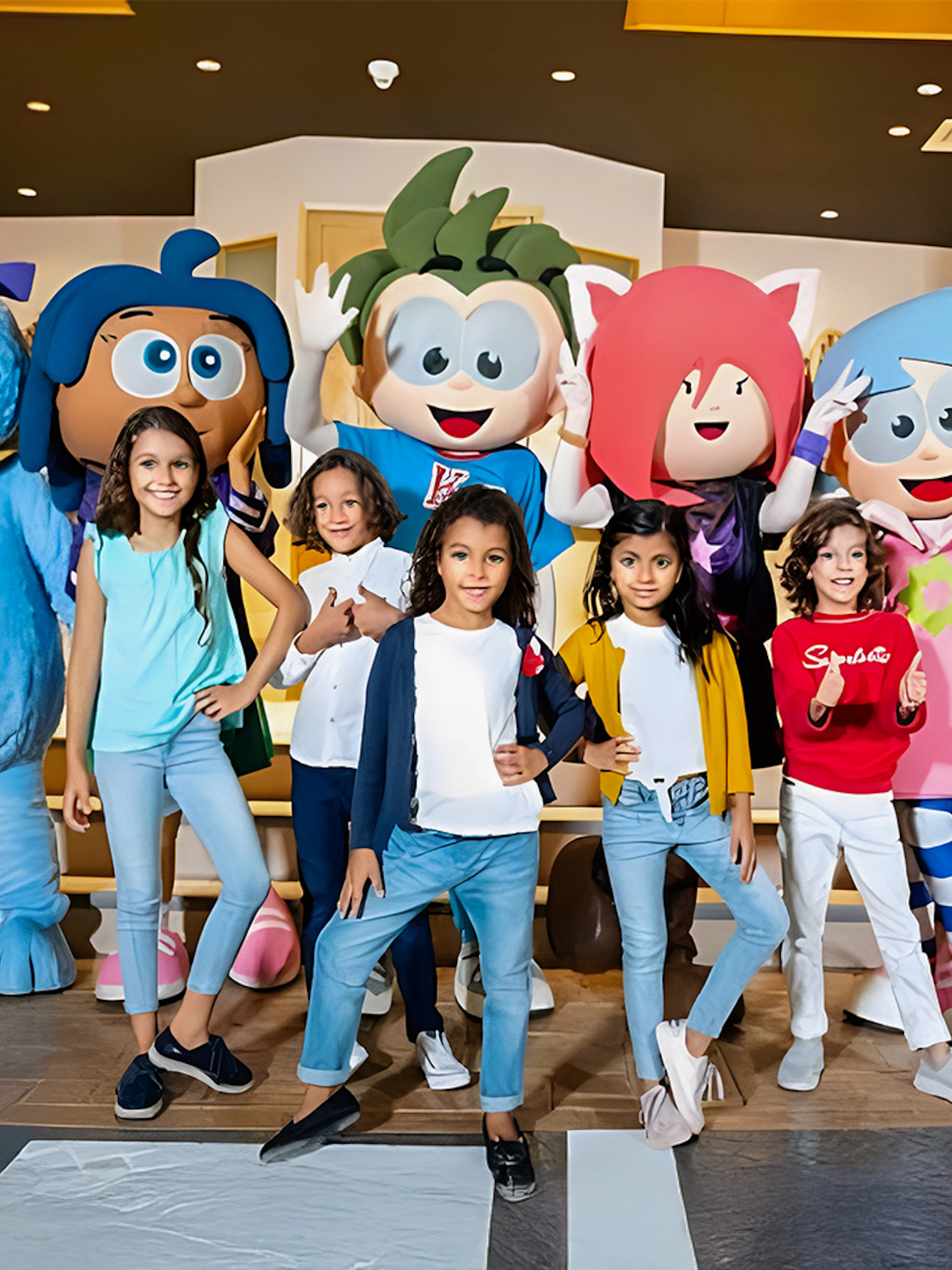 Kids posing with mascots at KidZania, Abu Dhabi.