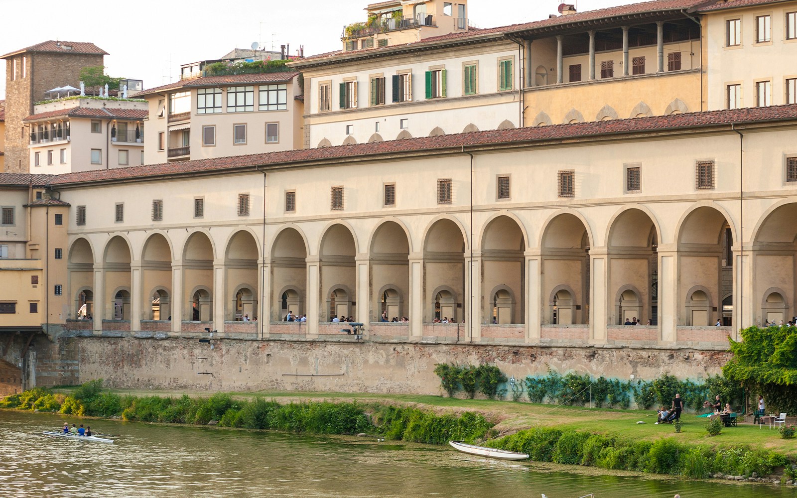 Vasari Corridor's historic passageway with arches architecture in Florence, Italy.