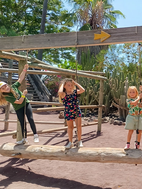 Children playing on a wooden balance beam in Jungle Park Tenerife kids activity area.