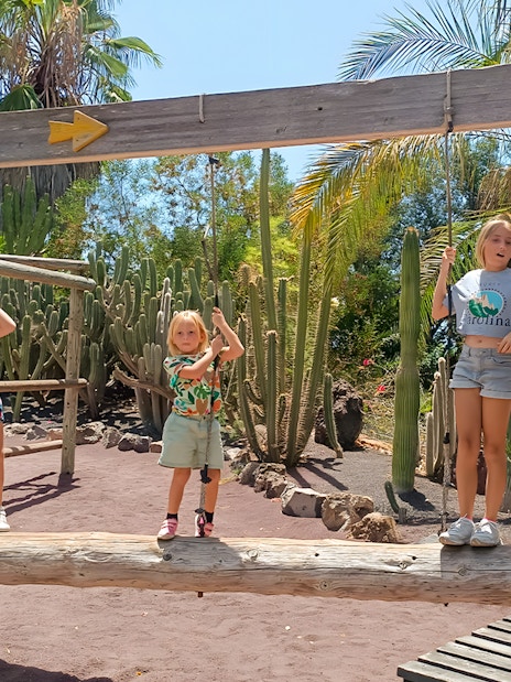 Children playing on a wooden balance beam in Jungle Park Tenerife kids activity area.