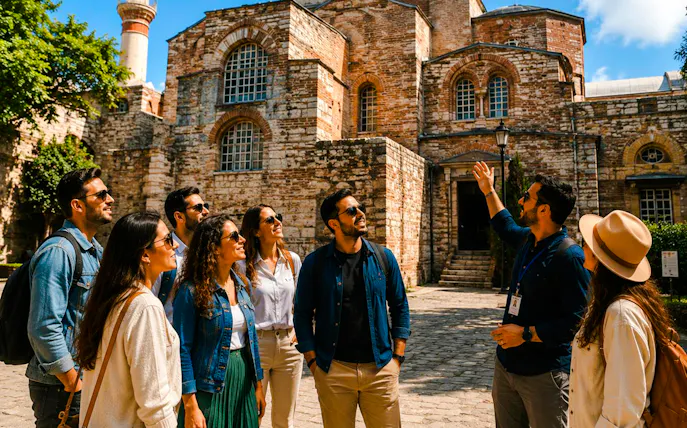 Guests touring Chora Church in Istanbul with a guide explaining the historic architecture.