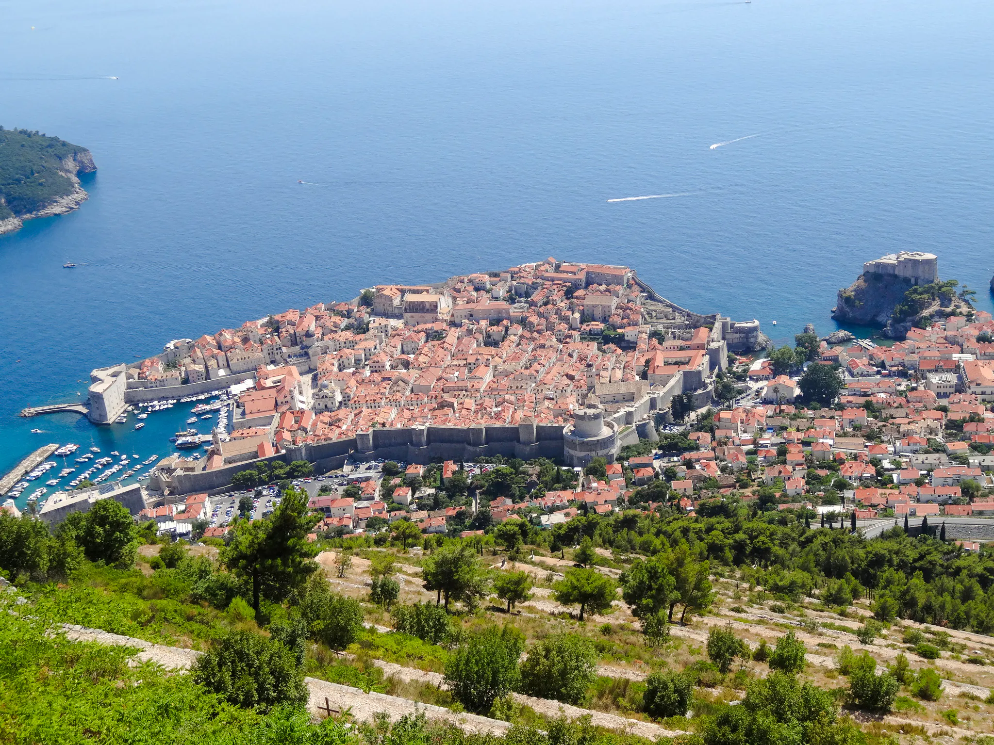 Aerial view of Dubrovnik's Old Town and city walls, Croatia, overlooking the Adriatic Sea.