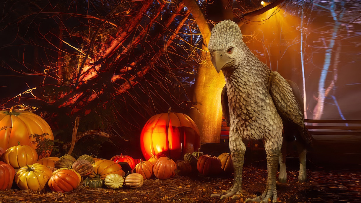 Hippogriff statue surrounded by pumpkins in a forest setting, part of Harry Potter: A Forbidden Forest Experience.