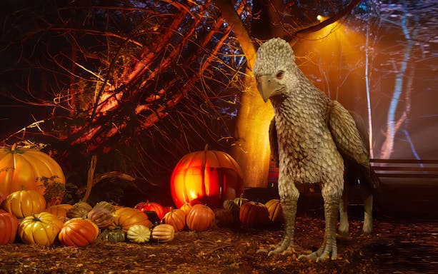 Hippogriff statue surrounded by pumpkins in a forest setting, part of Harry Potter: A Forbidden Forest Experience.