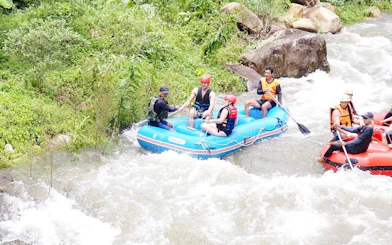 White water rafting on a river in Krabi with lush greenery and rocky terrain.