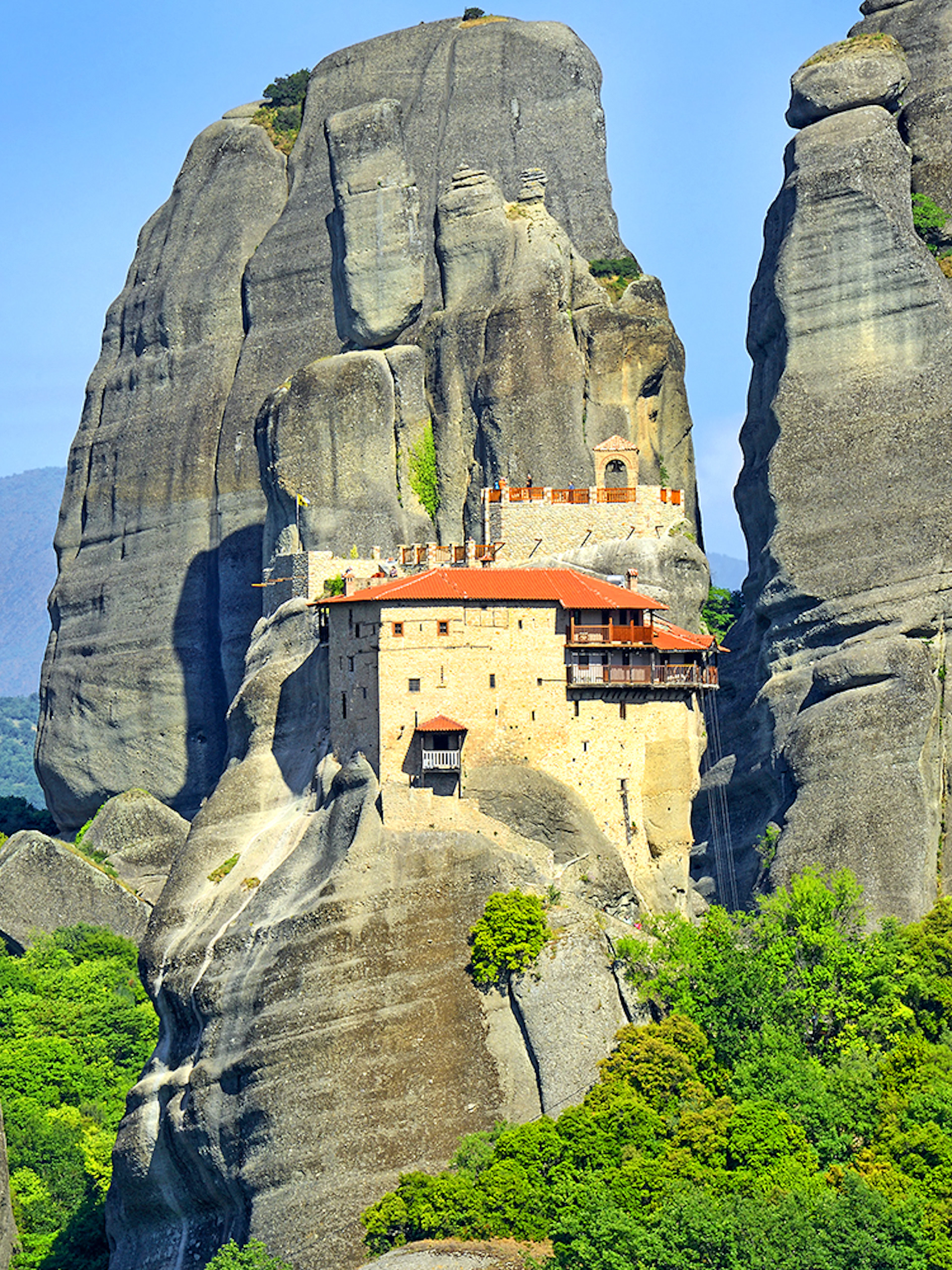 Monastery of Saint Nicholas Anapafsas perched on Meteora rock formations, Greece.