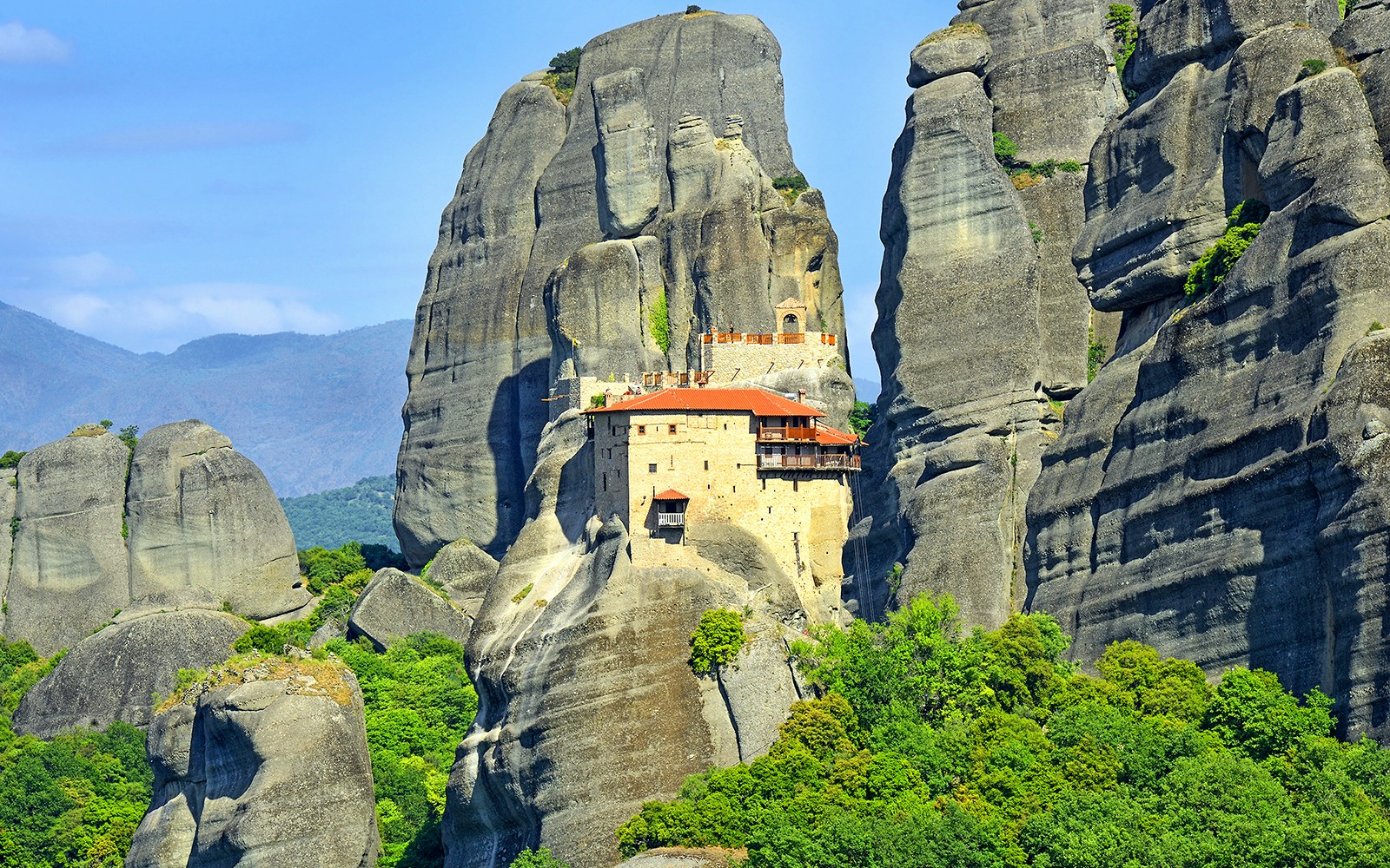 Monastery of Saint Nicholas Anapafsas perched on Meteora rock formations, Greece.