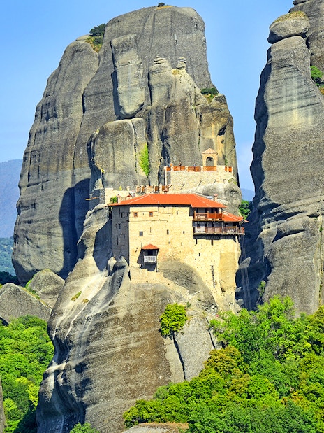 Monastery of Saint Nicholas Anapafsas perched on Meteora rock formations, Greece.
