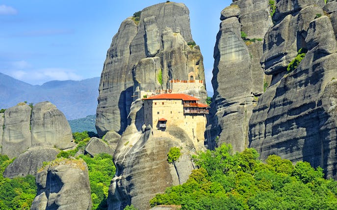 Monastery of Saint Nicholas Anapafsas perched on Meteora rock formations, Greece.