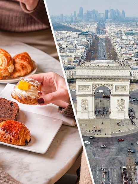 Arc de Triomphe view with Parisian breakfast pastries and coffee.