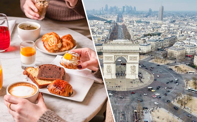 Arc de Triomphe view with Parisian breakfast pastries and coffee.