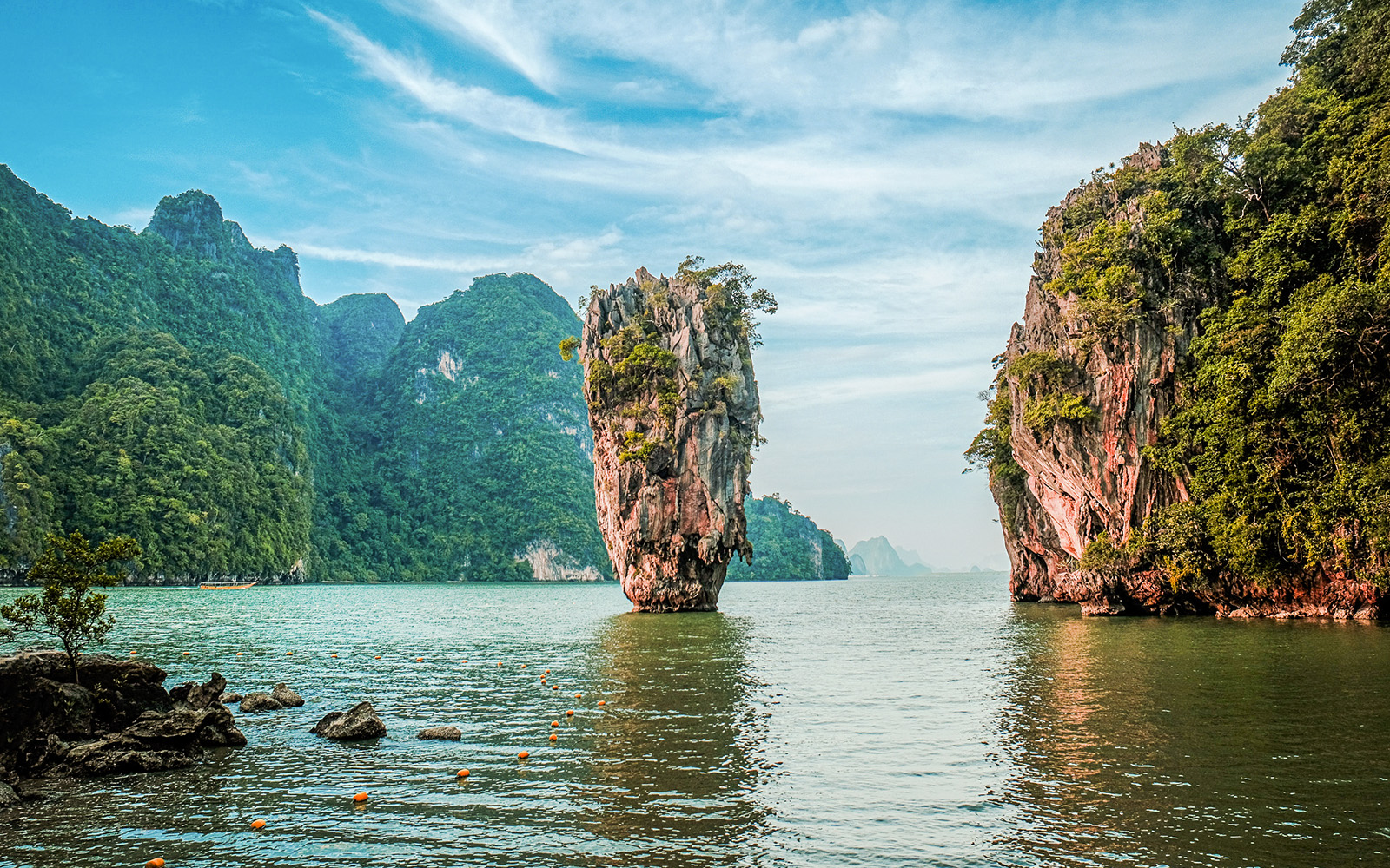 James Bond Island view from luxury catamaran in Phang Nga Bay, Thailand.