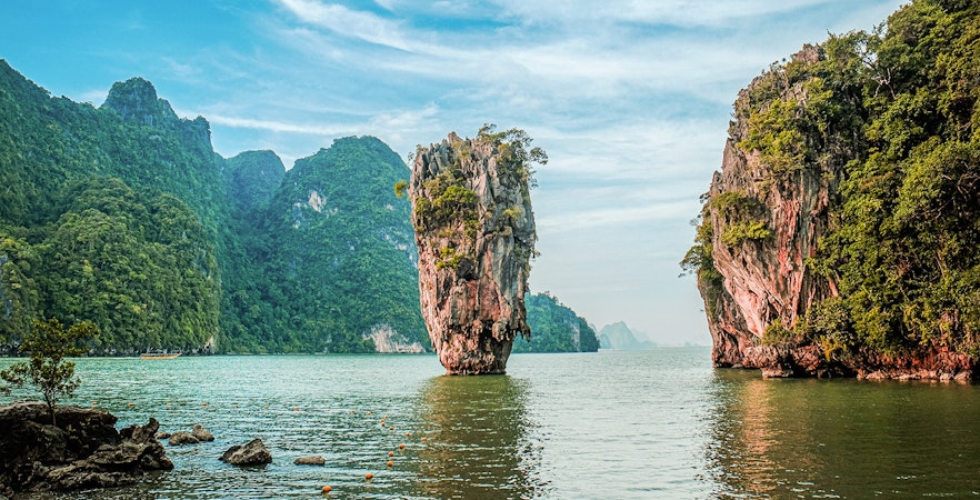 James Bond Island view from luxury catamaran in Phang Nga Bay, Thailand.
