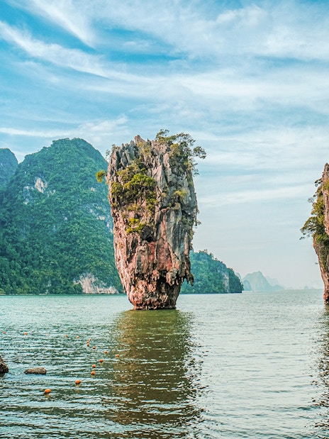James Bond Island view from luxury catamaran in Phang Nga Bay, Thailand.
