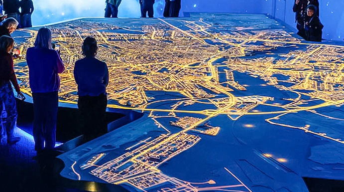 Visitors observing illuminated Amsterdam city map at the Amsterdam in Motion exhibit.
