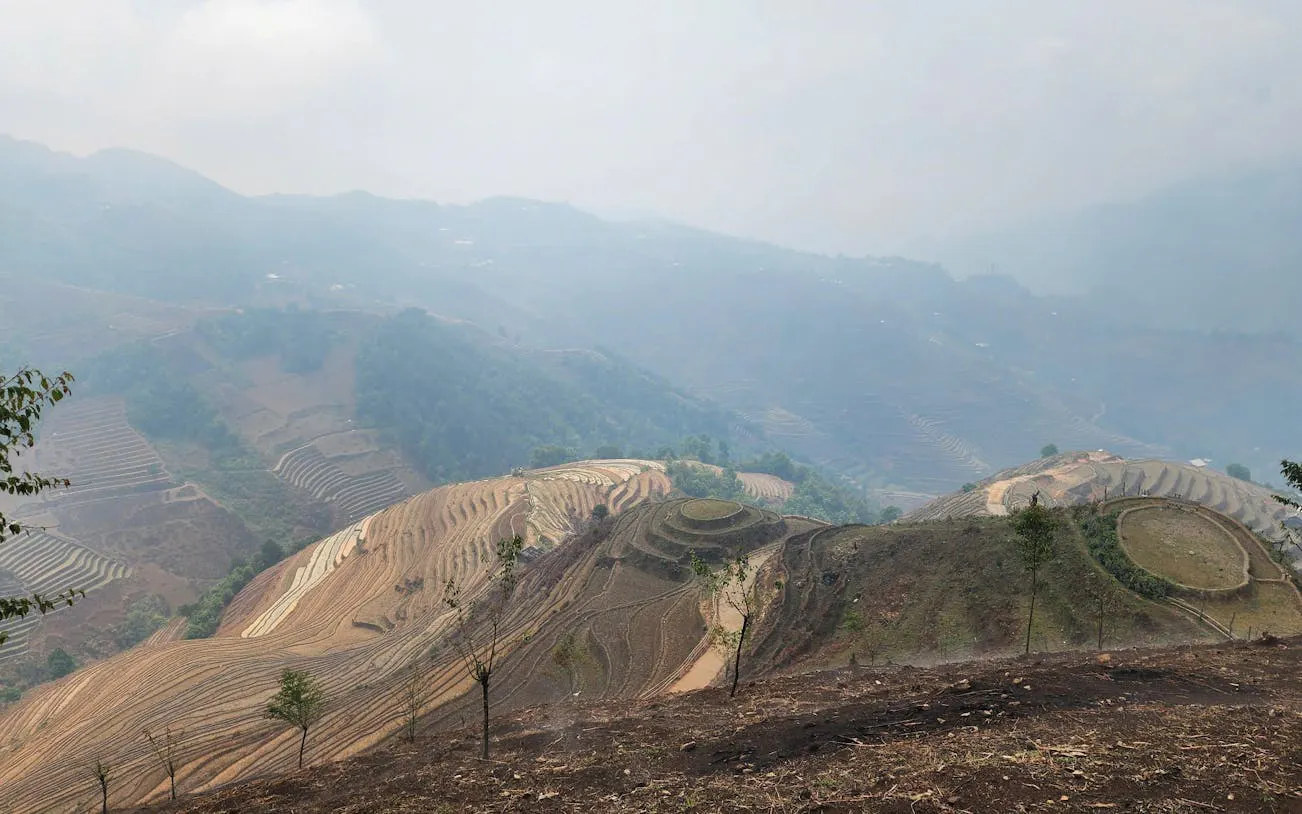 Mu Cang Chai rice terraces and hills during trekking tour in Vietnam.