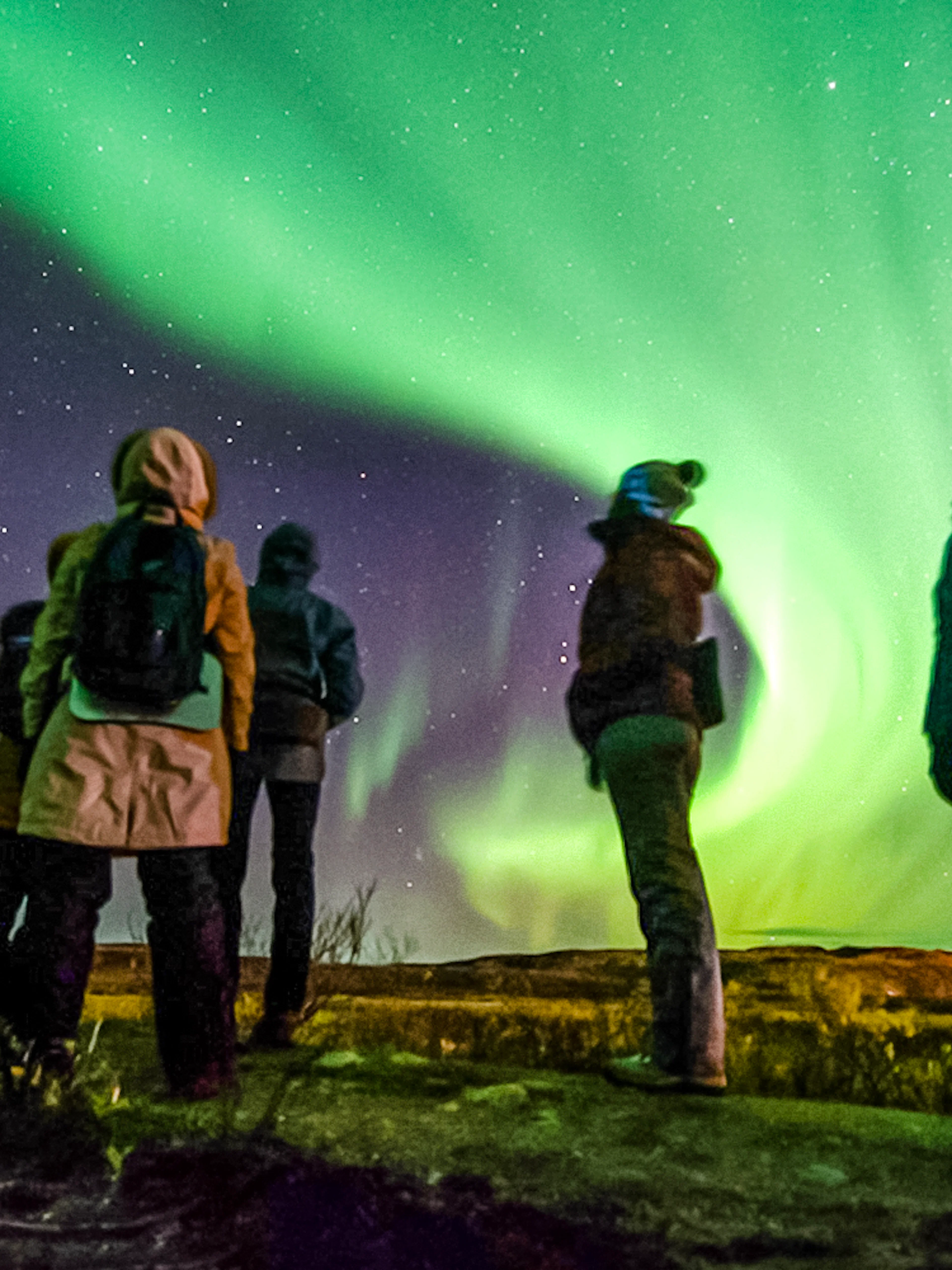 Friends watching Northern Lights in a night sky, Northern Hemisphere.