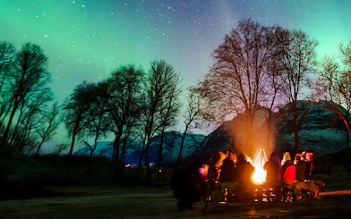 Campfire gathering under Northern Lights in Tromsø, Norway, with silhouetted trees and mountains.