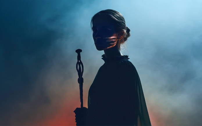 Silhouette of a person holding a staff at the National Museum of Denmark exhibit.