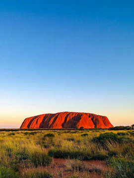 Uluru at sunset with surrounding grassland, Northern Territory, Australia.