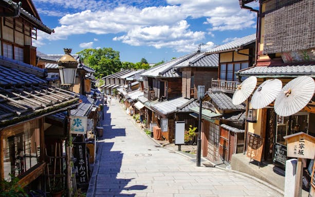 Traditional wooden buildings along Ninenzaka street in Kyoto, Japan.
