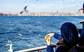 Guests feeding seagulls on a ferry during Princes' Islands Day Trip tour.