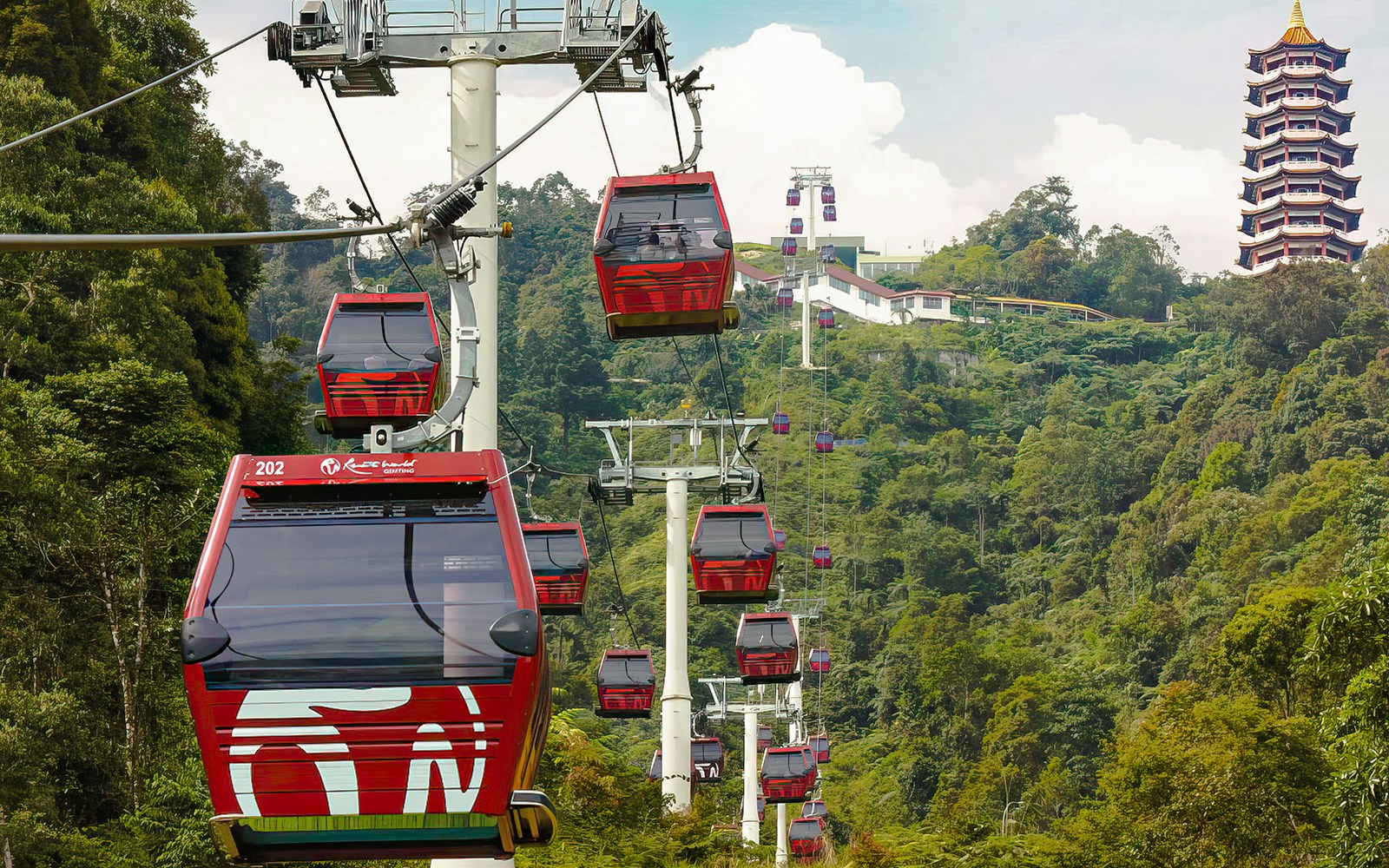 Genting Awana SkyWay gondola cable cars with Chin Swee Caves Temple in the background.