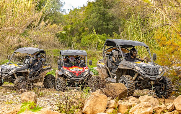 Buggy tour through rocky terrain in Algarve, Portugal with lush greenery in the background.