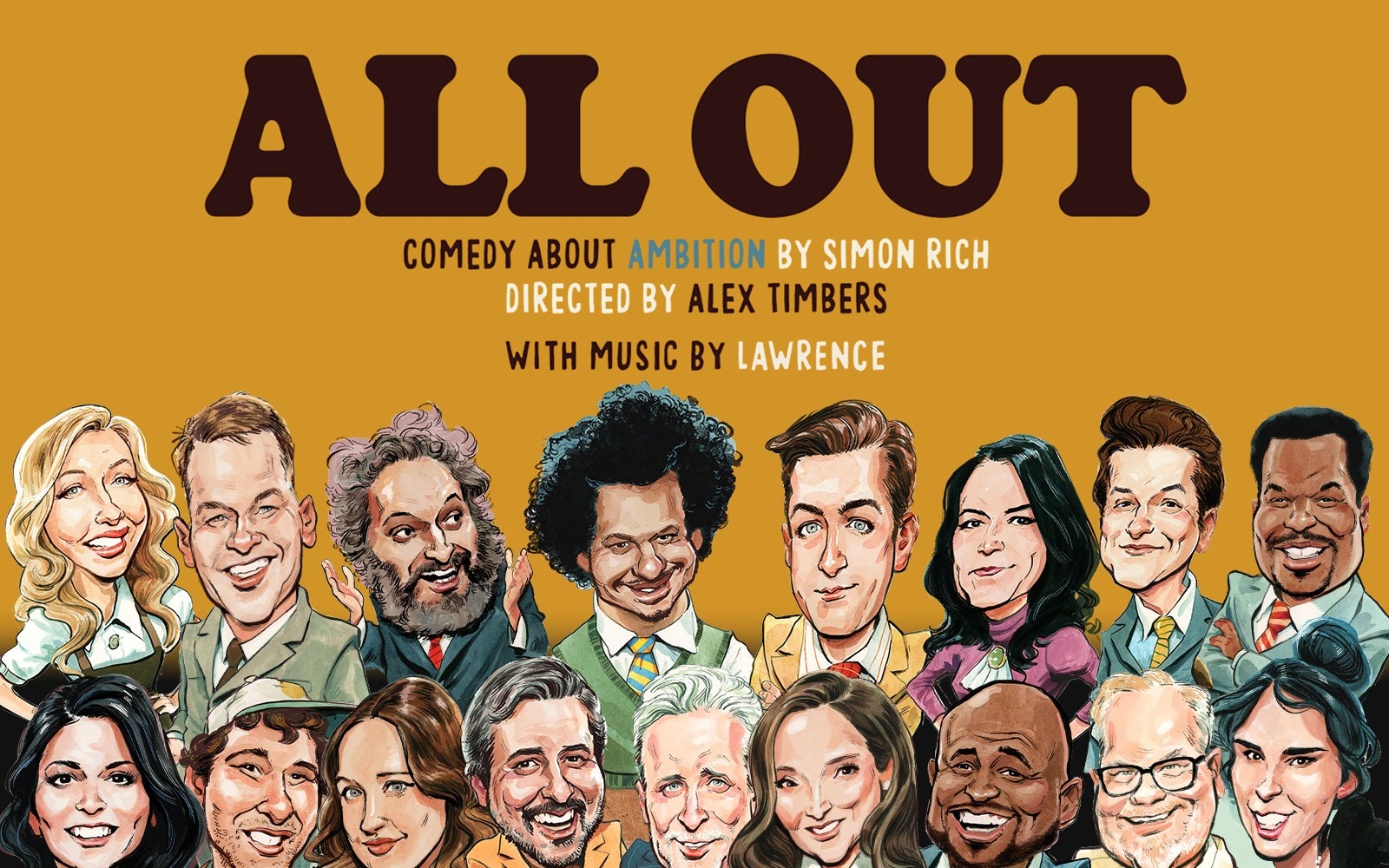 Caricatures of cast members for "All Out: Comedy About Ambition" Broadway show.