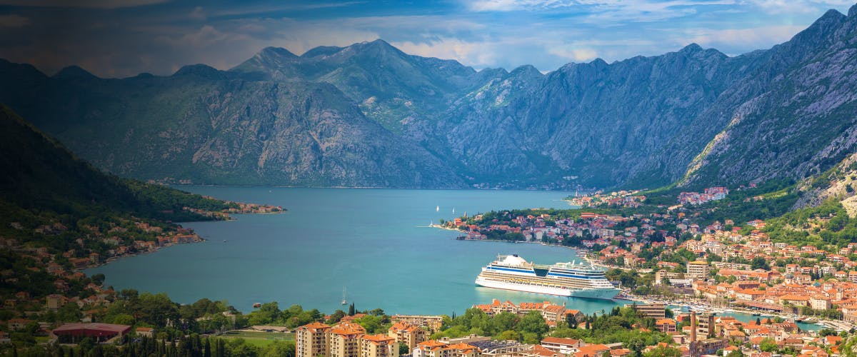 Kotor Bay with cruise ship and mountains, Montenegro.