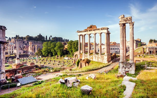Roman Forum ruins with ancient columns, Rome, Italy.